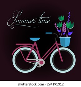 Flat illustration of blue bicycle with flowers tulips. Summer card or poster. Hipster symbol. Travel. Transport for lifestyle