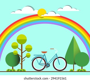 Flat illustration of blue bicycle with flowers tulips. Summer card or poster. Hipster symbol. Travel. Transport for lifestyle. Nature. Walk on the bike. Rainbow