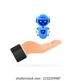 Flat illustration with blue bot. Customer support help service flat vector illustration