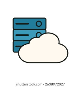 Flat illustration of blue data server stacks behind white cloud symbol representing cloud hosting technology
