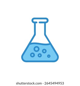 Flat illustration of a blue Erlenmeyer flask filled with light blue liquid and bubbles. Isolated on White Background.