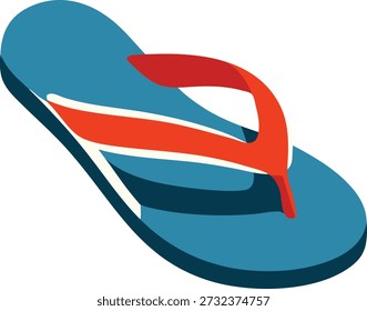 Flat illustration of a blue flip flop sandal with a red strap shown from above at an angle