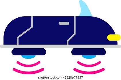Eine flache Illustration eines blauen Hovercars mit violetten Energiewellen.