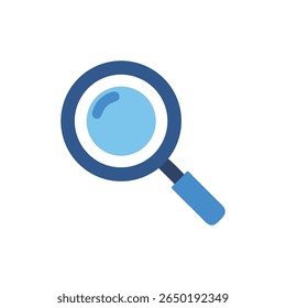 A flat illustration of a blue magnifying glass on a stark black backdrop, focusing on its simple design.