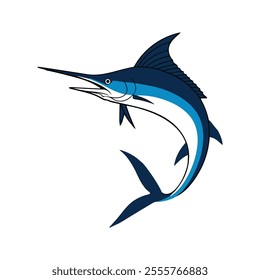 Flat illustration of a blue marlin with sleek blue body, sharp bill, streamlined shape, minimalistic design, clean background