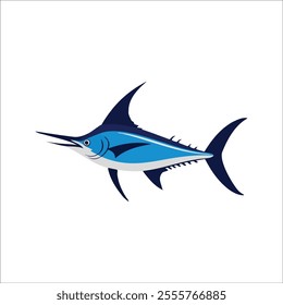 Flat illustration of a blue marlin with sleek blue body, sharp bill, streamlined shape, minimalistic design, clean background