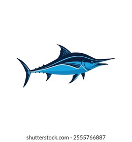 Flat illustration of a blue marlin with sleek blue body, sharp bill, streamlined shape, minimalistic design, clean background