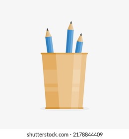 ilustración plana de un lápiz azul y vidrio de estuche de lápiz con un diseño sencillo
