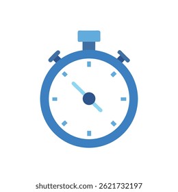A flat illustration of a blue stopwatch on White Background. Time measurement equipment is highlighted. Simplicity and minimalism in style.