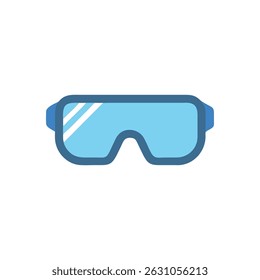Flat illustration of blue tinted goggles centered on a White Background. Minimalistic design with clean lines and geometric shapes.