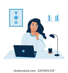 Flat illustration in blue tones with a girl who is studying online with a laptop at the table.	