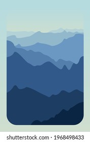 Flat illustration in blue tones. Vector image of a mountain theme, ocean, waves, peaks. Minimalistic style. Design for cards, posters, backgrounds, textiles, templates, menus, banners.