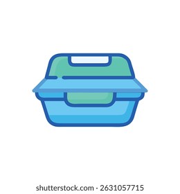 Flat illustration of a blue and turquoise reusable food container. Clean design isolated on White Background, stock image.