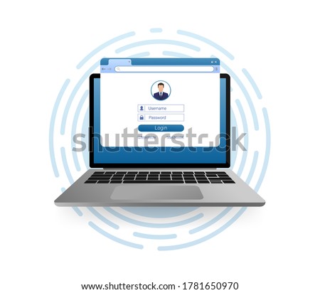 Flat illustration with blue user login laptop. Vector, flat design. Laptop vector icon illustration.