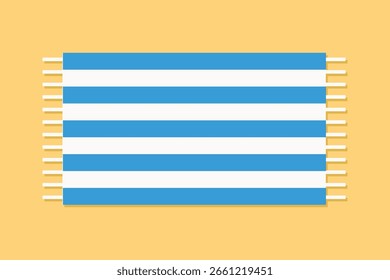 Flat illustration of a blue and white striped towel on a yellow background