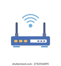 A flat illustration of blue wireless router with antenna on White Background, digital design.