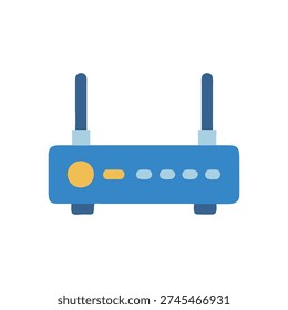 Flat illustration of blue wireless router with yellow accents isolated on White. Modern design, simple and clean graphic style.