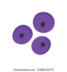 Flat illustration of blueberries with black star shaped calyx, shaded in purple.