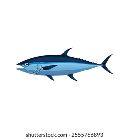 Flat illustration of a bluefin tuna with sleek blue body, minimalistic design, streamlined shape, clean background, modern aesthetic