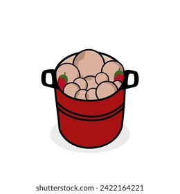 flat illustration of boiled meatballs in a red pot isolated on a white background