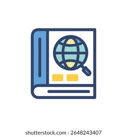 Flat illustration of a book with a globe and magnifying glass. It symbolizes knowledge discovery and global learning.