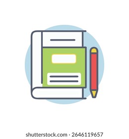Una ilustración plana de un libro y un lápiz. La composición es simple y colorida, transmitiendo aprendizaje y educación.