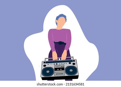 Flat Illustration Boombox with Girl Standing 90'S Vibe isolated on a blue white and purplish background. Suitable for those who like classic 90's style,business people,retro style lovers and the like