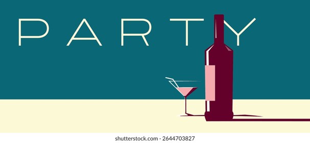 Ilustração plana de uma garrafa de álcool, um copo de coquetel, fundo escuro, formato horizontal. Ideal para decorar um cartaz de bar, um panfleto para uma festa de bebida, um menu de cocktail, martini, margarita