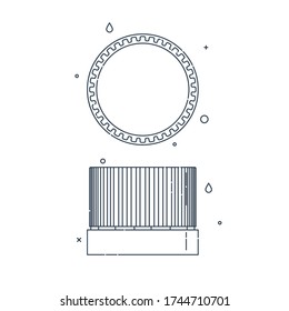 Flat illustration with a bottle cap on a white background. Isolated element. Line art design. Top view. Outline a single drink object. Vector.