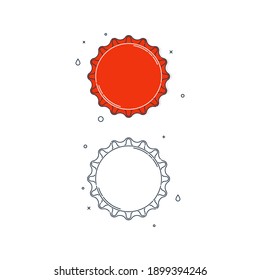 Flat Illustration With A Bottle Cap On A White Background. Red Cover Metal Cork. Isolated Element. Line Art Design. Top View. Color Version And Outline A Single Drink Object. Vector.