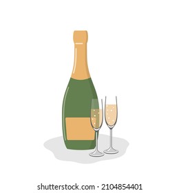 A flat illustration of a bottle of sparkling wine and two glasses. Champagne, date, important date, wedding. Vineyards, private winery. Vector illustration on white background.