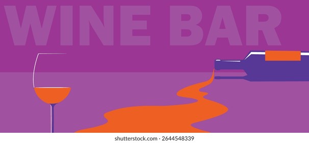 Flat illustration of a bottle of wine, a glass, poured wine, minimalistic design. Suitable for a restaurant banner, wine list, sommelier, bar poster, cabernet, martini
