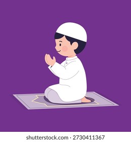 Flat Illustration Boy Character Kneeling Praying with Cap on Prayer Rug