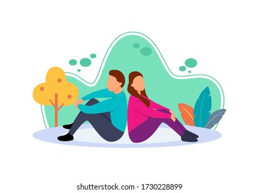 Flat illustration of boy and girl leaning happily together. The concept of an intimate and happy couple. Free time at home. Love between lovers.