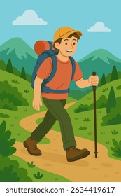 Flat illustration of a boy hiking through a scenic nature trail.