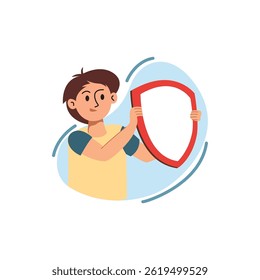 Flat illustration of a boy holding a blank red shield, symbolizing protection, safety, or defense, on a light blue abstract background