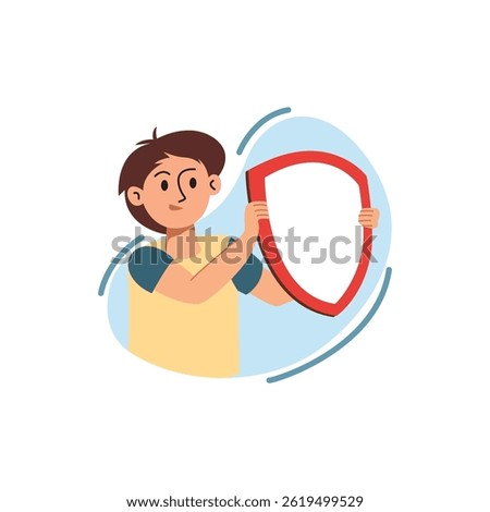 Flat illustration of a boy holding a blank red shield, symbolizing protection, safety, or defense, on a light blue abstract background