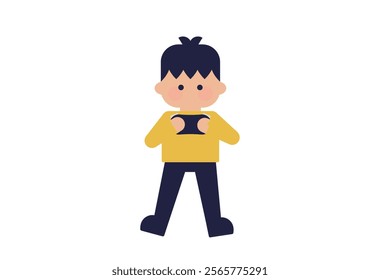 Flat illustration of a boy holding a game controller ( Vector human material, deformed, simple )