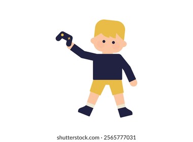 Flat illustration of a boy holding a game controller ( Vector human material, deformed, simple )