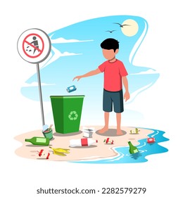 Flat illustration of boy in red shirt throwing garbage in bins on the beach