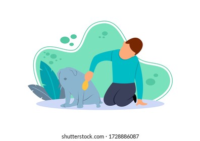 Flat illustration of a boy sitting happily petting his dog. flat cartoon character with the concept of a boy friendship with a dog. Have free time when at home.