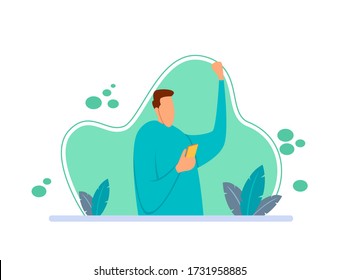 Flat illustration of a boy sitting sitting reading the latest news using a smart phone. Flat style cartoon character with the concept of people reading the news at home.