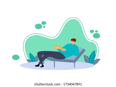 Ilustración plana de un niño sentado leyendo noticias usando un teléfono inteligente. Personajes de dibujos animados planos con ilustraciones de actividades de ocio