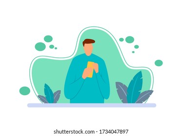 Flat illustration of boy sitting reading news using a smart phone. Flat cartoon characters with illustrations of leisure activities