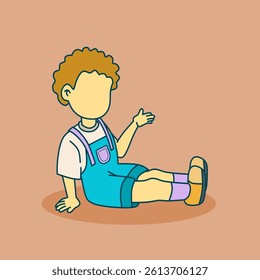 Flat Illustration of Boy Sitting with Relaxed Expression, Wearing Blue Overalls. Brown Background. Child Character Design