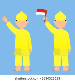 Flat illustration of a boy wearing traditional Indonesian clothes. A boy is wearing traditional clothes from Riau with an Indonesian flag