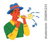 A flat illustration of boy whistling party blower