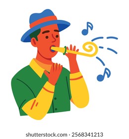 A flat illustration of boy whistling party blower