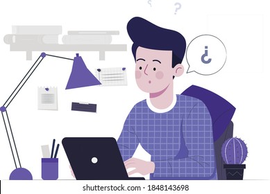 flat Illustration of a boy who is thinking in front of a laptop