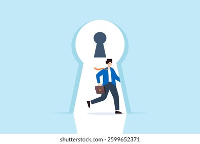 Flat illustration of brave businessman step inside keyhole door symbolizing life changing opportunity